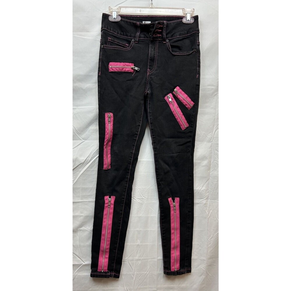 Hot Topic HT Denim Size 3 Black Pink Zipper Hi Rise Super Skinny Jeans Y2K